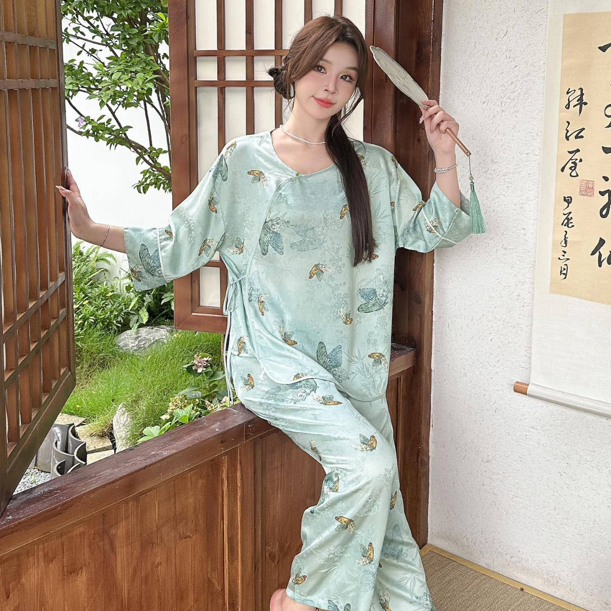 Women’s Co Ord Set Ice Silk Pajama (Short Sleeve Modern Chinese Style)