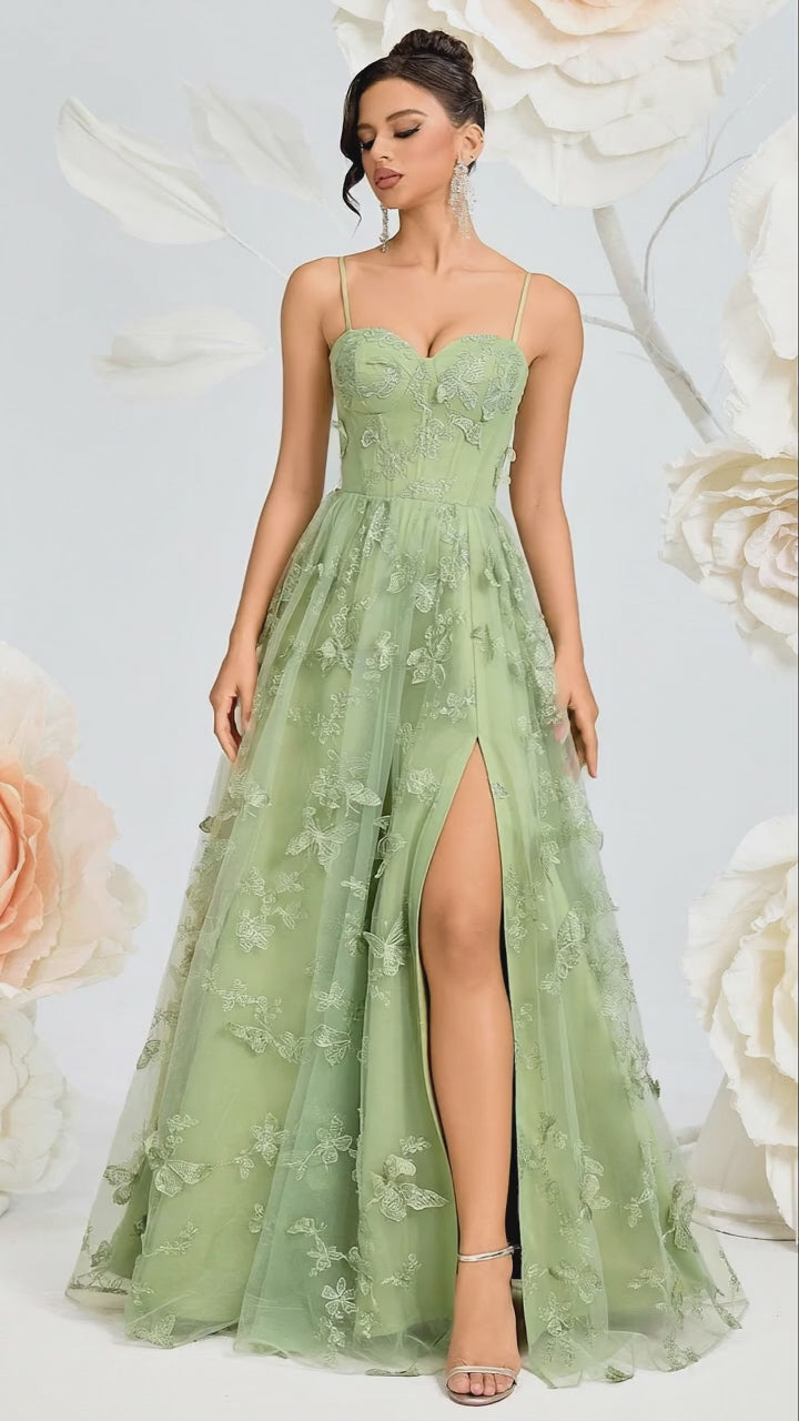 Light Green Butterfly Embroidered Mesh Backless Long Dress
