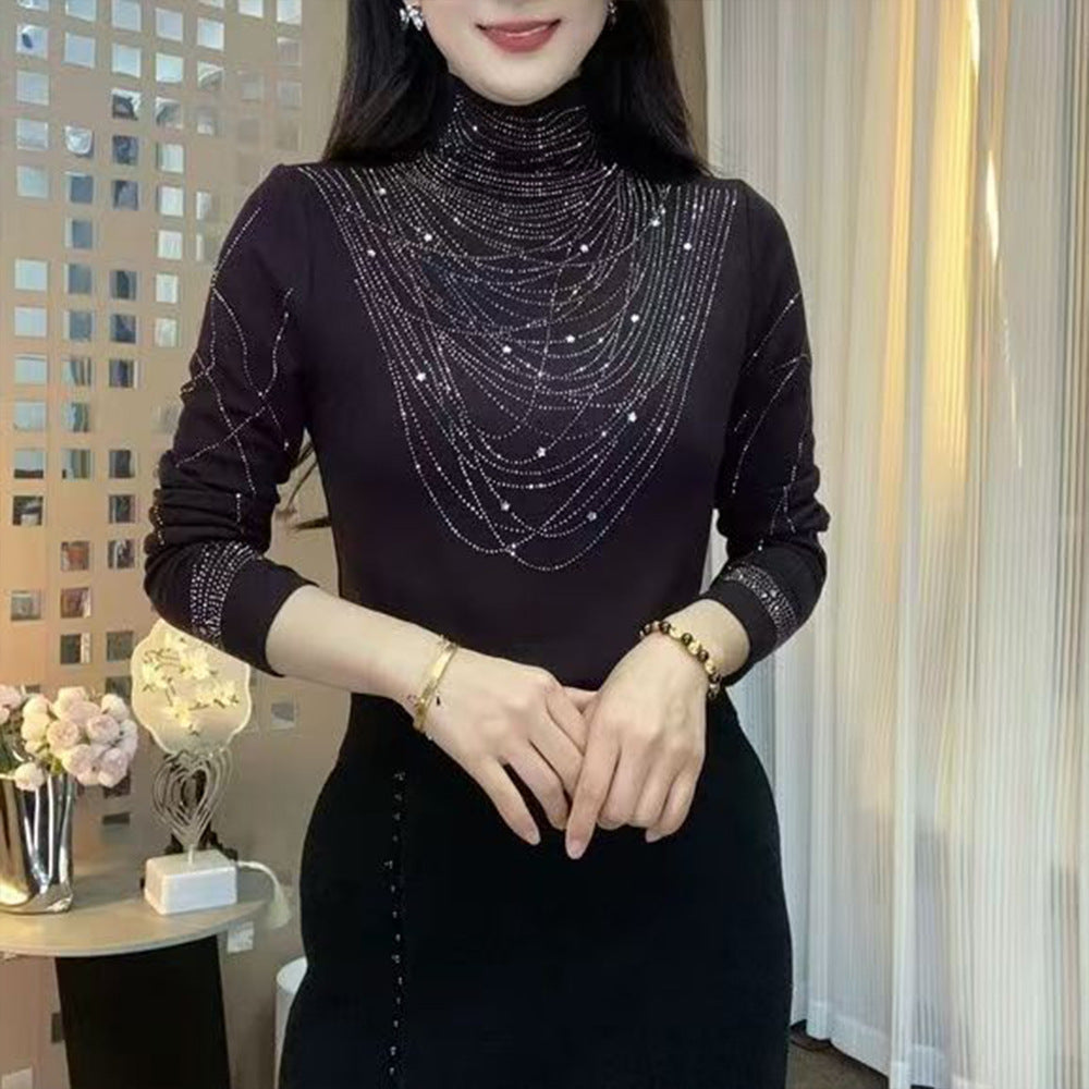 German Velvet Hot Diamond Half Turtleneck Long Sleeve Top
