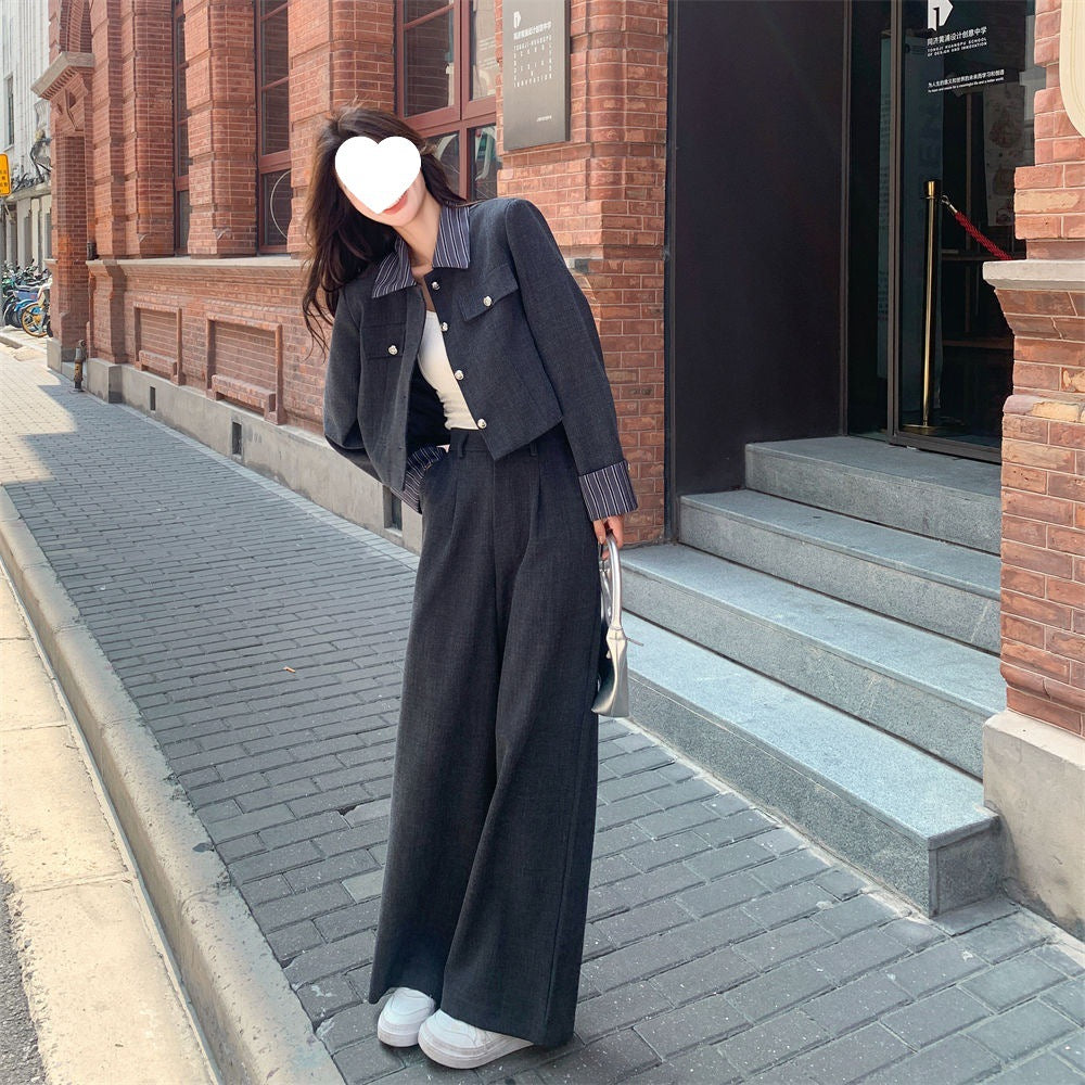 Women’s Co Ord Set Korean Style Gray Blazer & Pants (PVC-Blend)