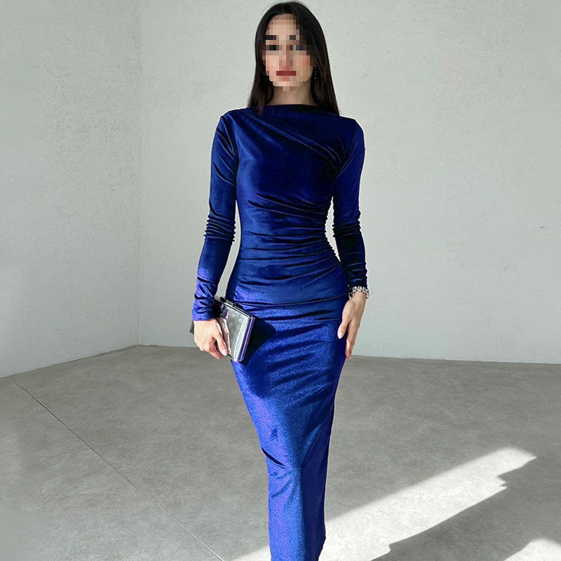 Elegant One Shoulder Tie-Dye Velvet Long Sleeve Midi Dress