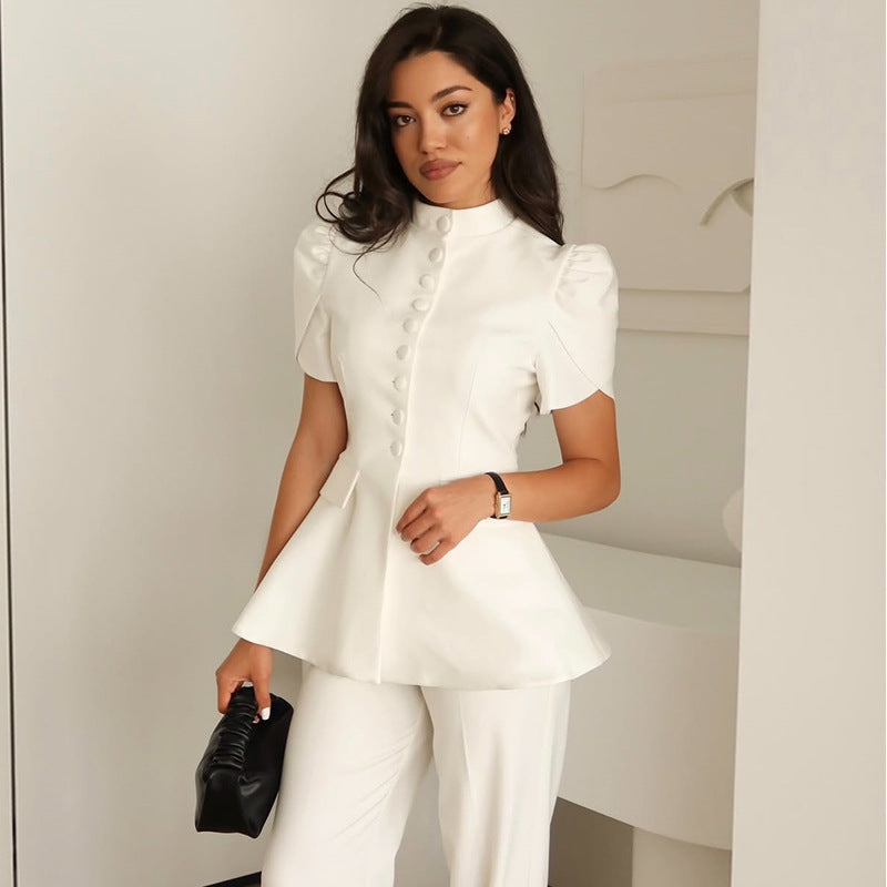 Puff Sleeve Blazer Co Ord Set – Buttoned Waist Blazer & Matching Bottom