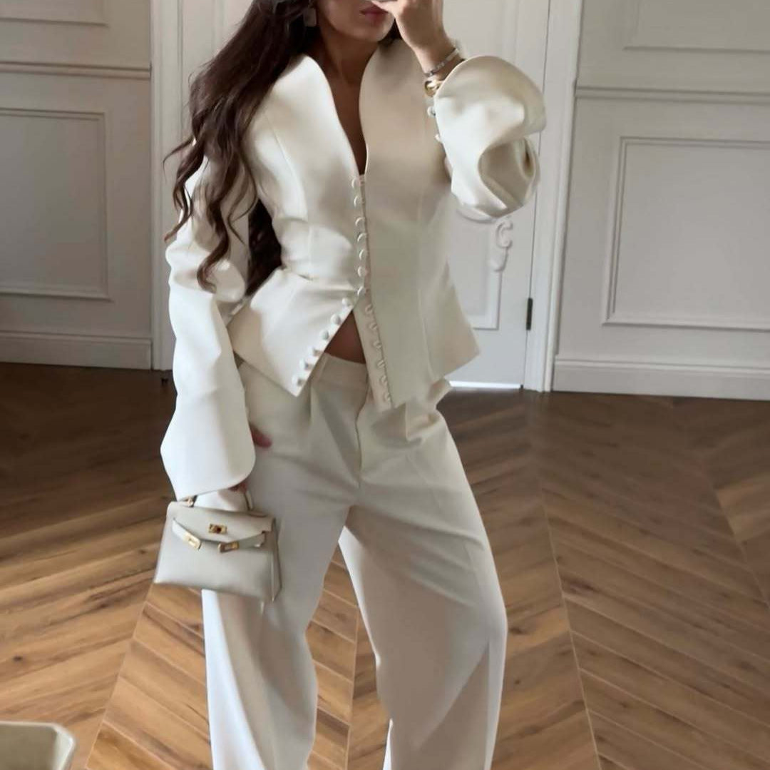 Women’s Co Ord Set Elegant Professional Suit Jacket & Straight Pants (White)