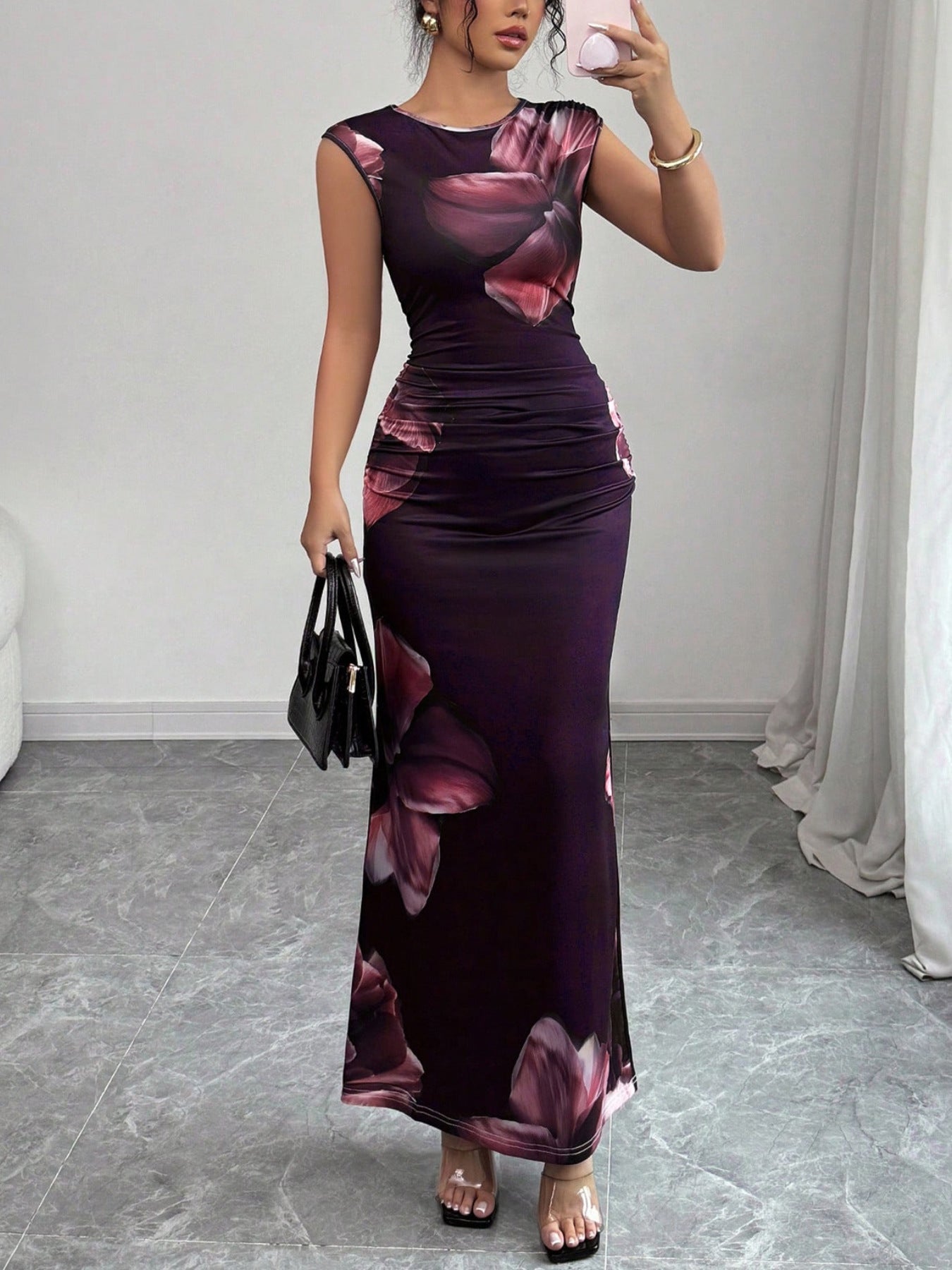 Elegant Floral Print U-Neck Sleeveless A-Line Long Summer Dress