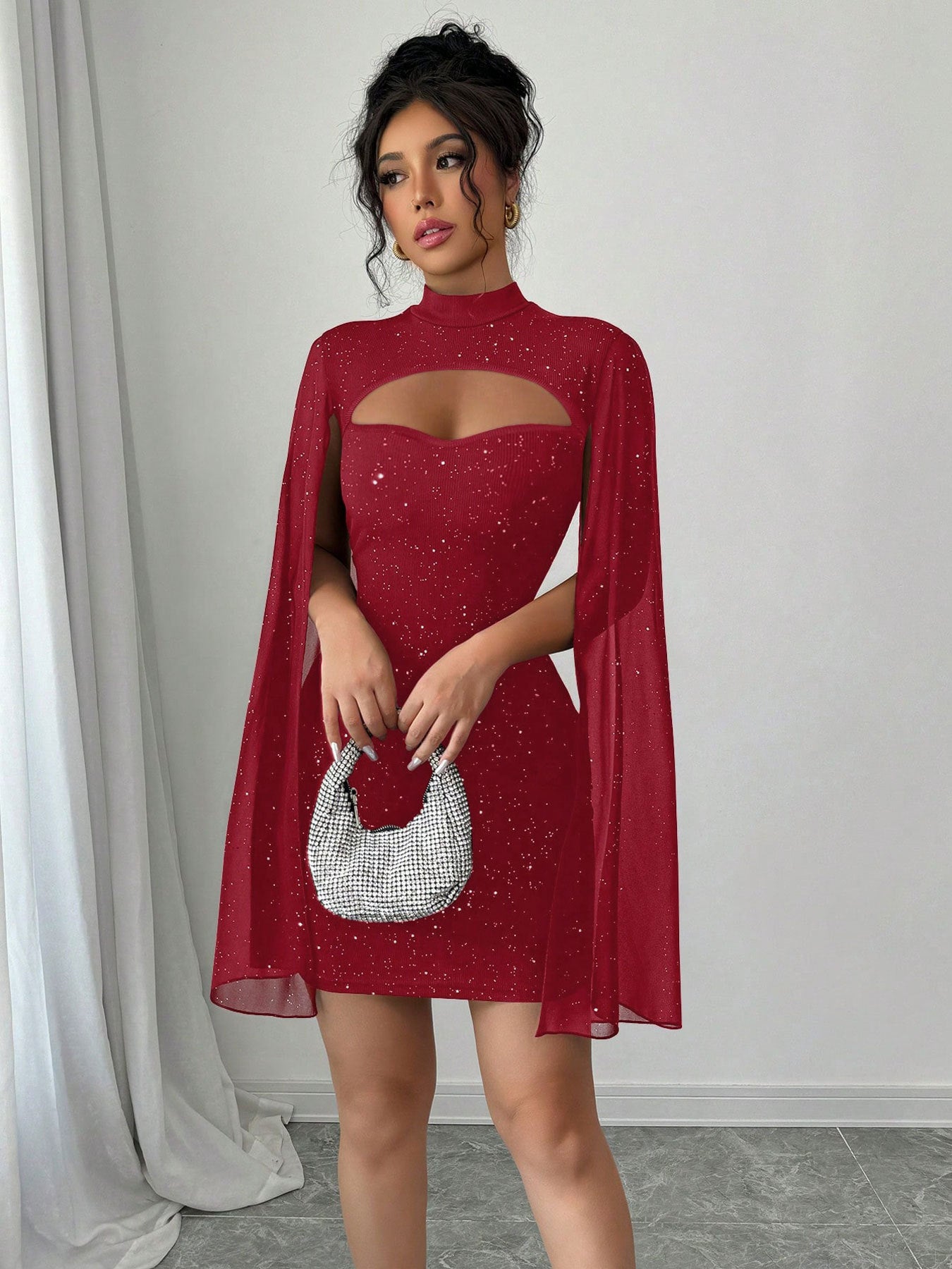 Pearl Cape Ribbed Chiffon Long Sleeve Mini Dress