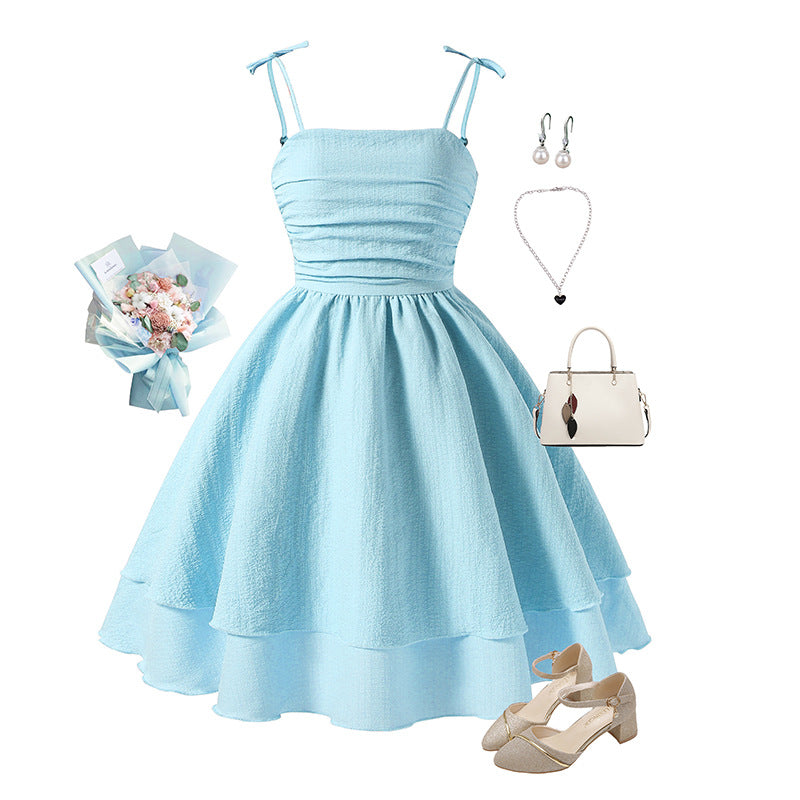 Charming Solid Color Suspender Princess Mini Dress for Girls