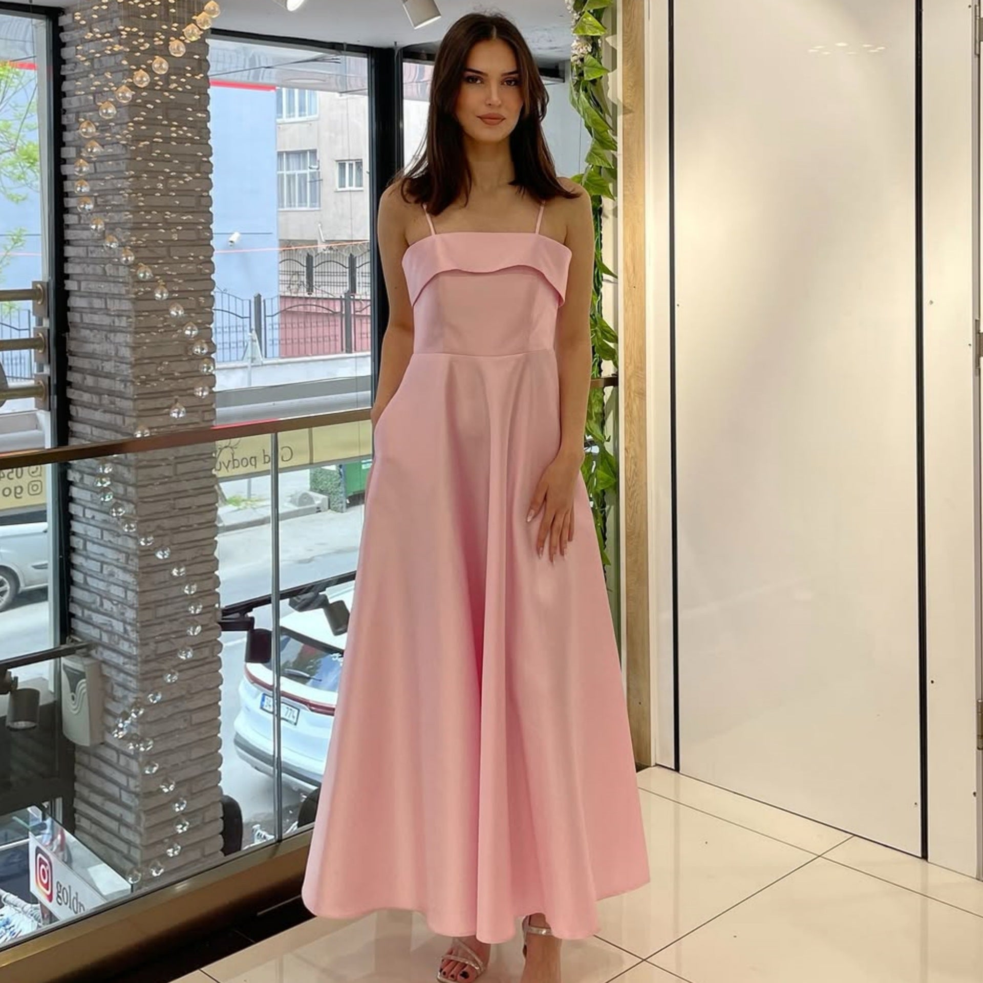 Elegant Dark Blue Satin Spaghetti Strap Backless A-Line Maxi Dress